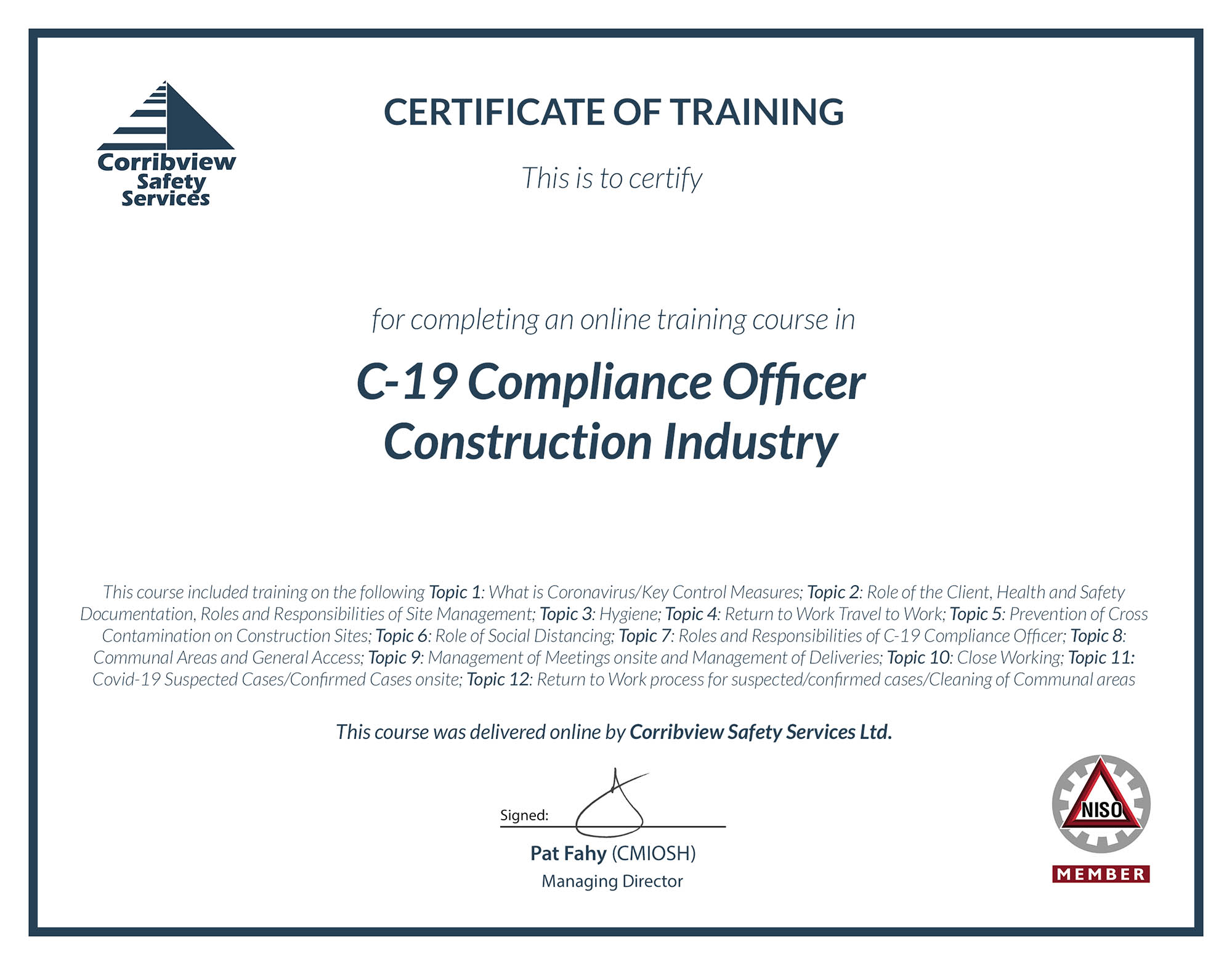 C-19 Compliance Officer Training Construction Industry - Corribview ...